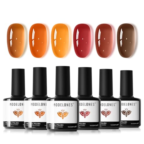Image of modelones Jelly Tortoise Fall Gel Nail Polish Set, Halloween Tortoiseshell | 6 Transparent Colors Brown Amber Orange Carame Dark Red Pumpkin Gel Nail Polish Kit, Soak Off UV Nail Art DIY Salon at Home