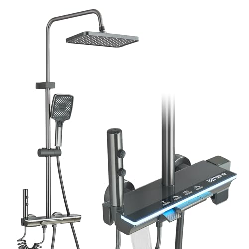 HARNART LED Colonne de Douche,Quatre Fonctions Douche avec Pommeau de Douche à Effet Pluie Douchette à Main,Pistolet de lavage avec Mise sous pression Robinetterie de baignoire,Noir