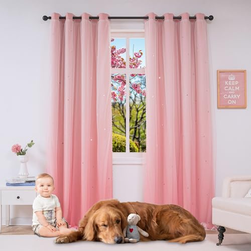 Image of Yancorp Curtains for Girls Bedroom Kids Room Rainbow Curtains Nursery Curtain 108 inches Length Grommet Rainbow Color Decor for Playroom,1 Panel (Ombre Pink, W52 X L84)
