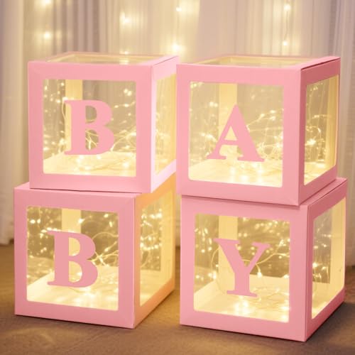 Image of Ledido Baby Boxes with Letters for Baby Shower Decorations, 4 pcs Clear Balloon Boxes Blocks Decor with LED Fairy String Lights for Boy Girl Gender Reveal Decorations Backdrop Party (Pink)