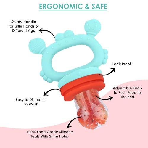 Image of BabyGo Silicone Baby Fruit Nibbler & Teether with Rattle Handle | Soft Feeding Feeder for Fruits | Easy Grip Self-Feeding Teething Pacifier & Teether for Babies 6-12 Months | Multicolour | Pack of 1
