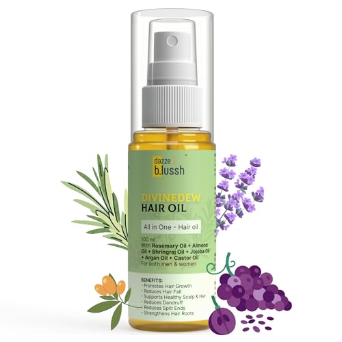 Image of Dazze & Blussh DivineDew Organic Hair Growth Oil - Reduces Hair Fall, Dandruff & Promotes Growth - With Rosemary, Almond, Bhringraj, Jojoba & Castor - 100ml