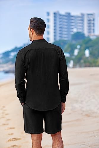 image for COOFANDY Linen Sets For Men 2 Piece Long Sleeve Button Down Casual Hol