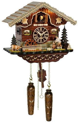 Trenkle Quartz Cuckoo Clock Black Forest House with Moving Wood Chopper and Mill Wheel, with Music and Light et l'éclairage