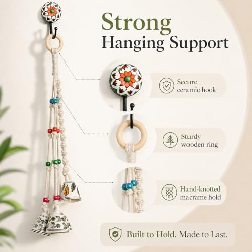 Image of KAAMERI BAZAAR Macrame Wind Chimes Enhance Living Space for Diwali (4 Bells, 1 Ring Tied with White Macrame Thread)