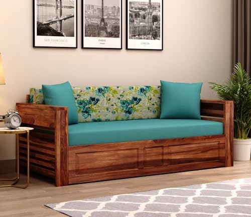 Image of Mamta Furniture Sheesham Wood Foster 3 Seater Sofa Cum Bed for Living Room Three Seater Sofa Bed for Home Sofa Com Bed Sheesham Wood |(Honey Teal Aqua Marine)
