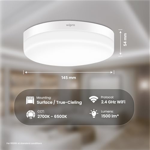 Image of wipro Garnet Smart Surface Panel 15w | Colour Tunable CCT | Dimmable | Smart Control with Voice Assistance Through Alexa, Siri or Google Assistant Smart Home App | Pk 1