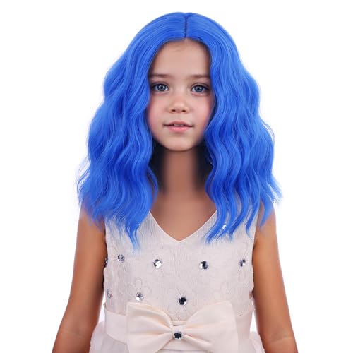Image of PATTNIUM Dark Blue Wig for Kids Girls Short Blue Wavy Curly Wigs Side Part Bob Wigs Synthetic Halloween Cosplay Costume Hair Wig