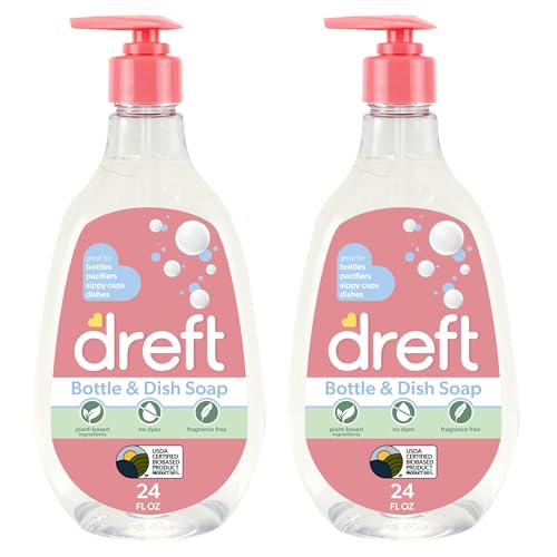 Dreft Baby, Bottle and Dish Soap, Removes Milk Film & Odor, Plant Based, Fragrance Free, Travel Size Bottles, 24 Fl Oz (Pack of 2)