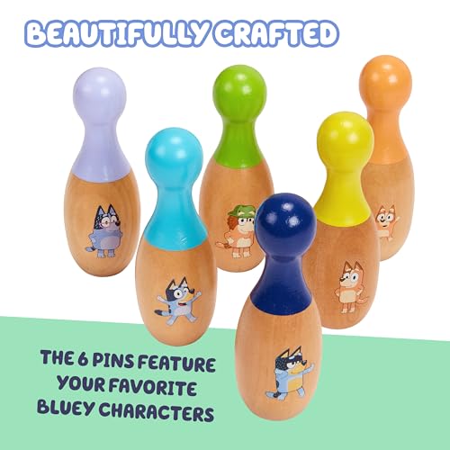 Image of Bluey Wooden Bowling Set, 6 Character Pins, Indoor & Outdoor