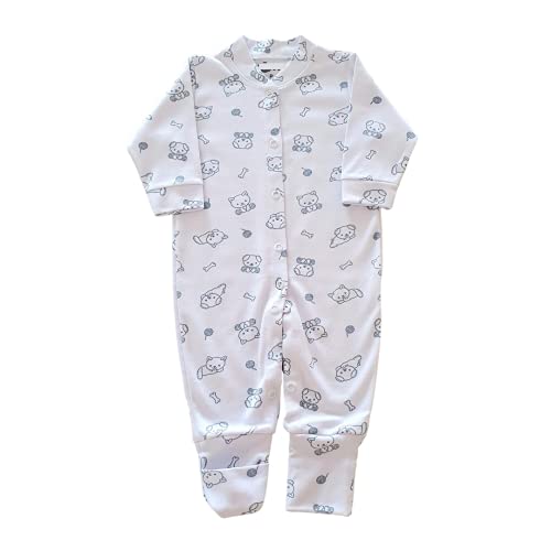 Macacão Pijaminha Estampado Vira Pé Suedine (RN, Branco Gatinho Cachorrinho)
