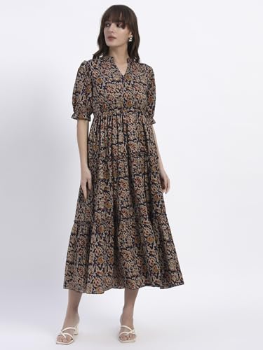Image of Women's Fit and Flare Dress I Pure Cotton Long Summer Maxi Dress I V-Neck I Casual Wear I Printed Kalamkari Floral Middi