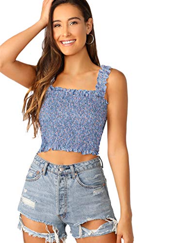 SheIn Women's Casual Frill Smocked Floral Crop Cami Tank Shirred Strap Sleeveless Top Blue Medium