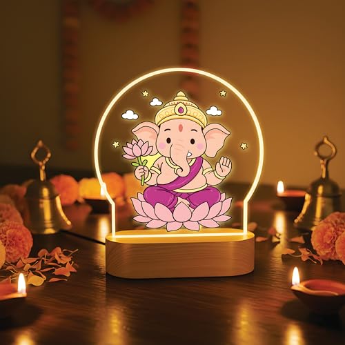 Image of Giftplease Lord Ganesha LED Table Lamp - Warm White Decorative Night Light - Divine Bal Ganesha & Mooshak Artwork for Home, Office, and Pooja Room GL 02