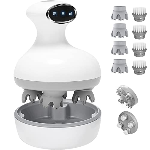 SLuB Head Massager,Electric Scalp Massager with LCD Screen,4 Head Scratcher and 4 Facial Cleansing Brush,for Scalp Stress Relax, Hair Growth,ipx7 Waterproof Dog Cat Massager (White)