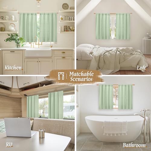 Image of LAMIT Small Window Linen Curtains, 45 Inch Length Light Filtering Faux Linen Textured Neutral Decorative Rod Pocket Drapes for Bedroom, Light Green, 2 Panels Set, 42 X 45 Inch