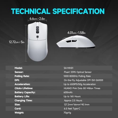Image of RAWM MH01 Wireless Lightweight Gaming Mouse, PAW3395 Optical Sensor, 26000 DPI, 600mAh Rechargable Battery, 7 Programmable Buttons, Dual-Driver Gaming Mice for PC /Laptop /Mac