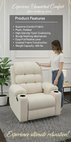 Image of Shah Manual Single Seater Recliner Chair, Premium Fabric with High-Density Foam, Lumbar Support, Off White, Living Room Bedroom Home Theater