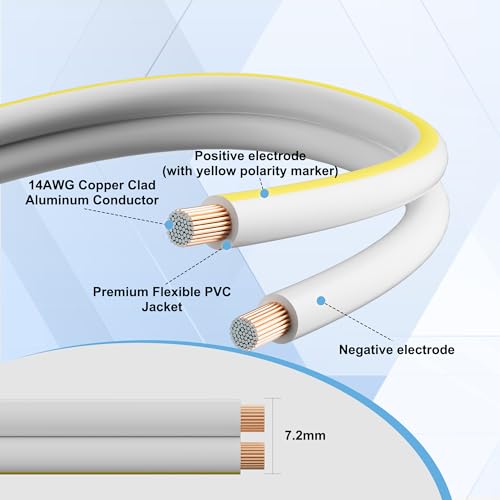 14AWG Speaker Wire 200 FT, 14/2 Gauge Audio Speaker Wire, for Car Speakers Stereo, Home Theater, Automotive Wire, White Jacket with Yellow Polarity Marker, CCA, 2 Conductors Electrical Wire - Thumbnail 2