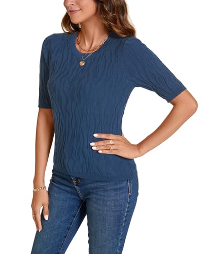 Image of MINTLIMIT Womens Short Sleeve Sweater Summer Pullover Shirt Tops Texture V Neck Casual Knit Tees Tops