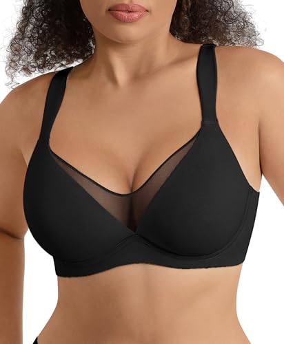 FeelinGirl Minimizer Bras for Women Full Coverage Wide Strap Unlined Bra with Underwire for Heavy Breast Black 34DDD