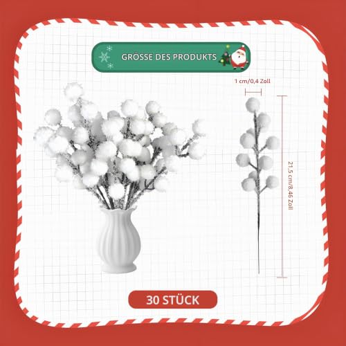 30 Stück Weiße Beeren Deko Zweige, Künstliche Weihnachtszweige für Winter deko & Weihnachtsdekoration, 21.5cm, Ideal als Kunstblumen Weihnachten, Äste und Zweige Deko, Hochzeiten, DIY-Projekte – Bild 2