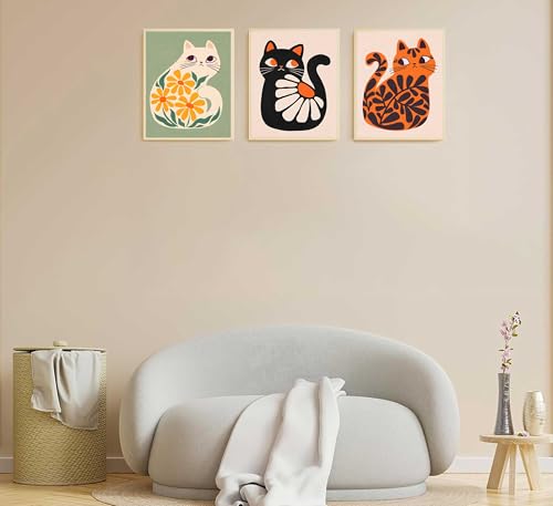 Zlyartmp 3Pcs Boho Cats Wall Art Mid Century Modern Orange Canvas Cats Prints Vintage Retro Black Cats Paintings Cute Plant Animail Posters Pictures For Living Room Bedroom Bathroom Wall Decor Unframed thumb #6