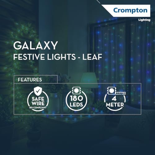 Image of Crompton Galaxy Festive Light- Leaf I 4Meter 5W Warm White Lights | Pack of 1 | 4Meter, 180 LEDs | Direct 2-pin Plug, BIS Safe Wire | for Home Decoration, Diwali, Festival, Birthday, Marriage