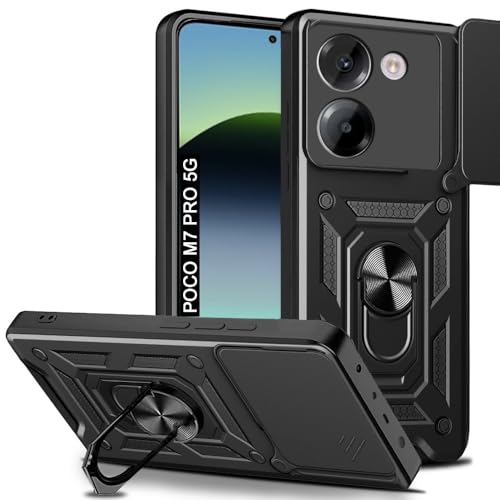 Image of AESTMO Tough Armor Poco M7 Pro 5G Bumper Back Case Cover | Ring Holder & Sliding Camera Shield Cover | 360 Degree Protection Back Case Cover for Poco M7 Pro 5G (Black)