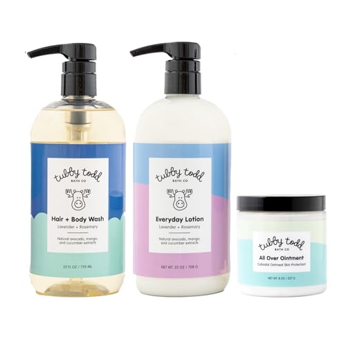 TUBBY TODD 3-Step Baby Bath & Skincare Routine - The Regulars Bundle - Baby Shampoo and Body Wash, Everyday Lotion 25 Oz & All Over Ointment 8 Oz - Lavender Rosemary