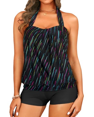 Women Two Piece Tankini with Shorts - Blouson Bathing Suit Halter Bandeau Top Swimsuit with Boyshorts Swimwear4
