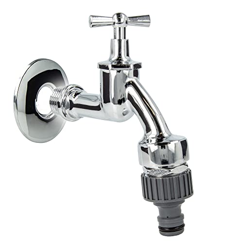 tecuro Auslaufventil 1/2 Zoll, Knebeloberteil, Rohrbelüfter DVGW, Steckkupplung, Wandrosette, Dichtband - Messing hochglanzverchromt - 22762-PWD