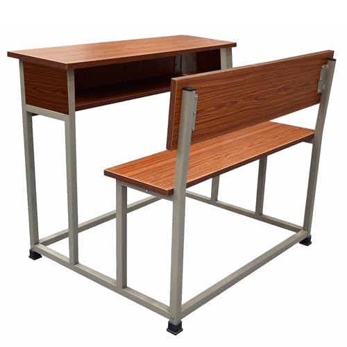 Image of ALKOSIGN Double Student Bench with Side Closed Shelf - Prelam Partical Board Natural Teak Top with Beige Powder Coating (90 CM) | for Classes 3rd to 7th | for School, Tuitions etc