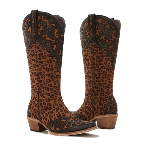 ZXHYZLZ Women's Knee High Leopard Print Cowboy Boots – Western Cowgirl Boots with Mid Heel Pull-On Style4
