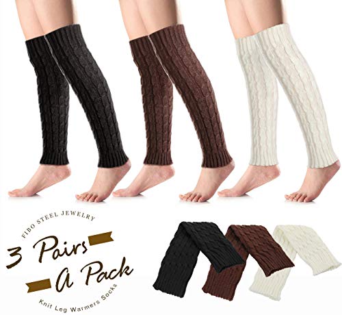 FIBO STEEL 3 Pairs Women Knit Leg Warmers Winter Long Boot Cuffs Socks