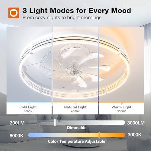 Image of addlon Ceiling Fans with Lights and Remote, 24'' Low Profile Ceiling Fans, 3000-6000K Dimmable Modern Flush Mount LED Fan Light, Fandelier Ceiling Fan for Bedroom, Kitchen, Living Room, White