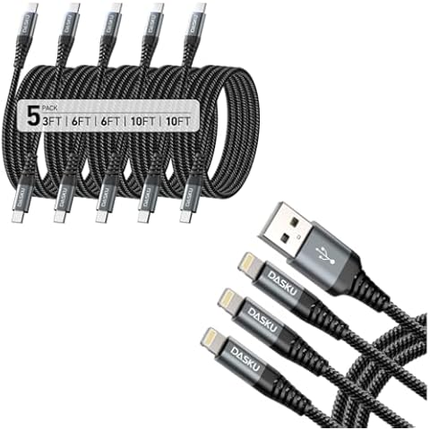 Dasku 5 Pack [3/6/6/10/10FT] USB C to USB C Charger Cable 60W + Lightning Cable 3ft 3Pack Nylon Braided Heavy Duty iPhone Charger Cord Black Cover