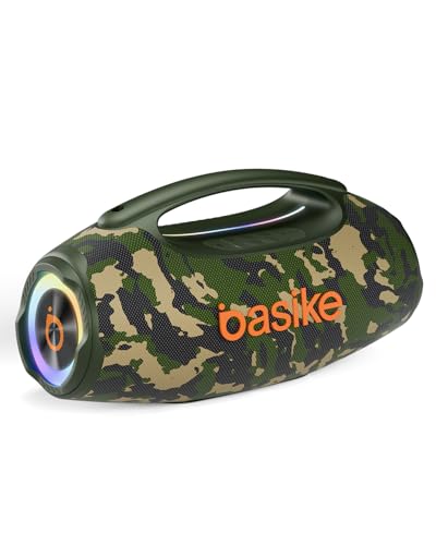 Basike Caixa de Som Bluetooth Portátil 80W RMS (Pico 120W), TWS Estéreo, Modos EQ, Luzes RGB, IPX6 Resistente à Água, Bateria 8000mAh, para Home Theater, Festa e Uso Externo – Cor Camuflada