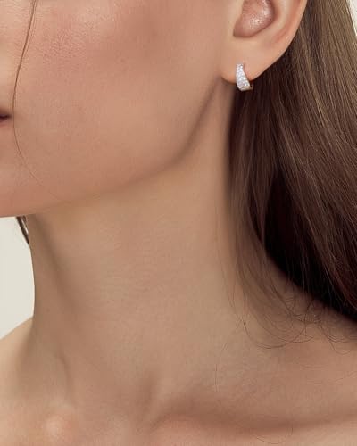 18K White Gold Plated Huggie Hoop Earrings 925 Sterling Silver with Sparkling 6A Cubic Zirconia Lightweight Hypoallergenic Hoops for Women2