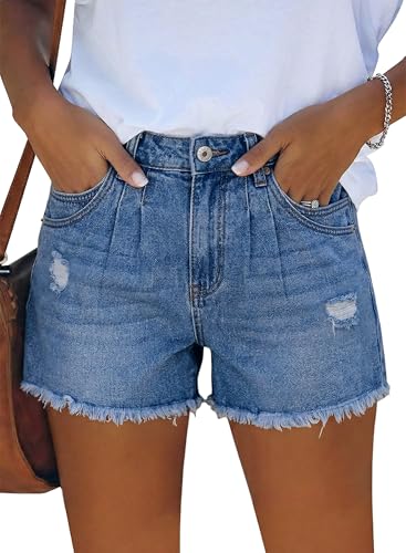 KISSMODA Womens Ripped Denim Shorts Ladies High Waist Summer Button Wash Denim Short Raw Hem Hot Pants Trendy Jean Pant