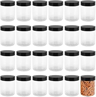 MUKLEI 24 PCS 250 ml Plastic Jars with Black Lid, Round Plastic Jam Jars, Clear Plastic Storage Jars Plastic Food Storage Jars for Dry Food, Spices, Sweets, Crafts