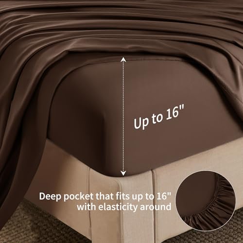 Image of Shilucheng 6 Piece Queen Sheet Sets, Cooling Sheets, Blend Rayon Derived from Bamboo, Deep Pocket Up to 16 inch, Breathable & Soft Bed Sheets, Hotel Silky Bedding Set, Brown