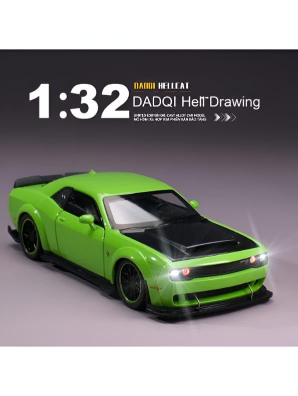 Image of Hellcat 1:32 Scale Dodge Challenger Die-Cast Metal Toy Model Car for Kids - Pull Back Mechanism, Birthday Gift for 3+ Year Old Boys (Hellcat Green)