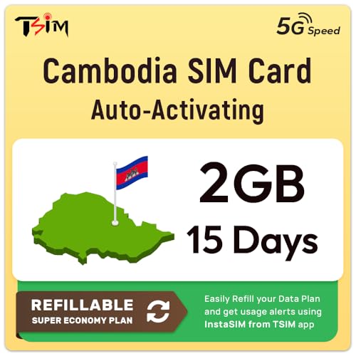 SIM Cambodge | Plan Super Économie Rechargeable 2 Go ! Activation Automatique, validité 15 Jours | Vitesse 5G + Partage de Connexion | Données Uniquement,...