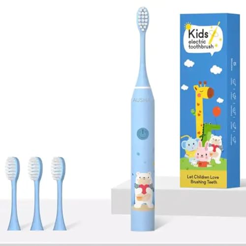 Image of Ausha Blue Bear Kids Electric Toothbrush with 3 Extra Heads with Soft DuPont Bristles, Rechargeable, Cartoon Design, Smart Timer, 5 Modes,Waterproof Tooth Brush for Children (Ages 3-12)