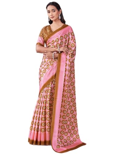 Image of Satrani Women's Chinnon Printed Saree with Unstitched Blouse Piece