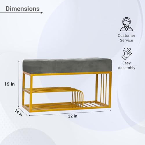 Image of Luxury Velvet Storage Bench with Shoe Rack | Upholstered Entryway Ottoman Seat | Soft Cushioned Sitting | Gold Metal Frame Furniture | End of Bed Seating for Bedroom, Living Room & Hallway|Fossil Grey