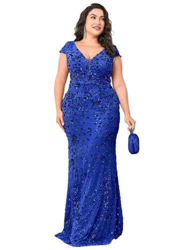 Image of Plus Size Womens Sequined Long Evening Gown Glamous Sleeveless V-Neck Mermaid Prom Dress for Wedding Party