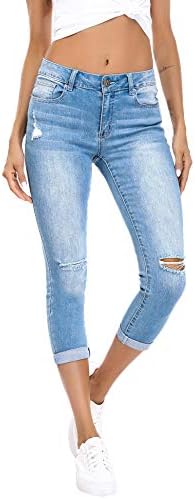 Resfeber Women's Ripped Boyfriend Jeans Stretch Distressed Jeans Capri Mom Jean with Hole