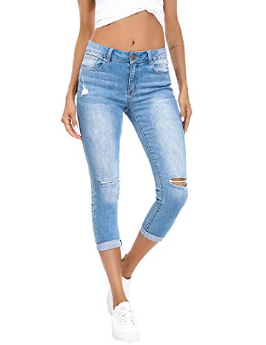 Resfeber Women's Ripped Boyfriend Jeans Stretch Distressed Jeans Capri Mom Jean With Hole #TOP2
